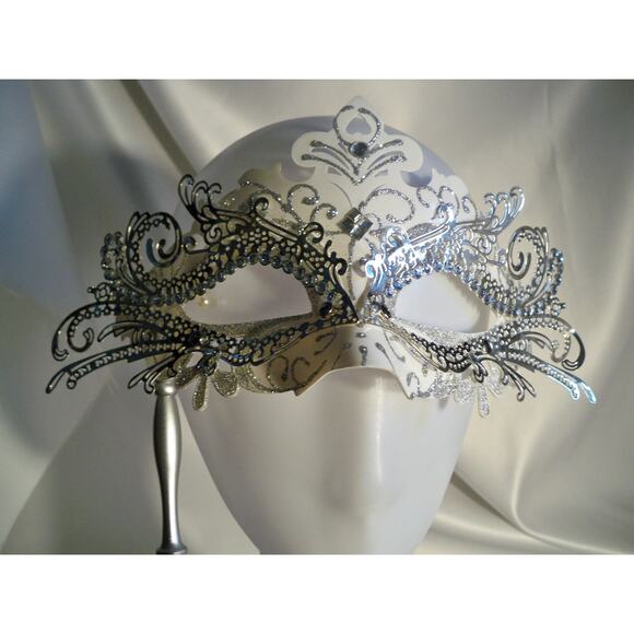 Silver mask with or on stick, bridal prom masquerade costume venetian party mask - Picture 1 of 5